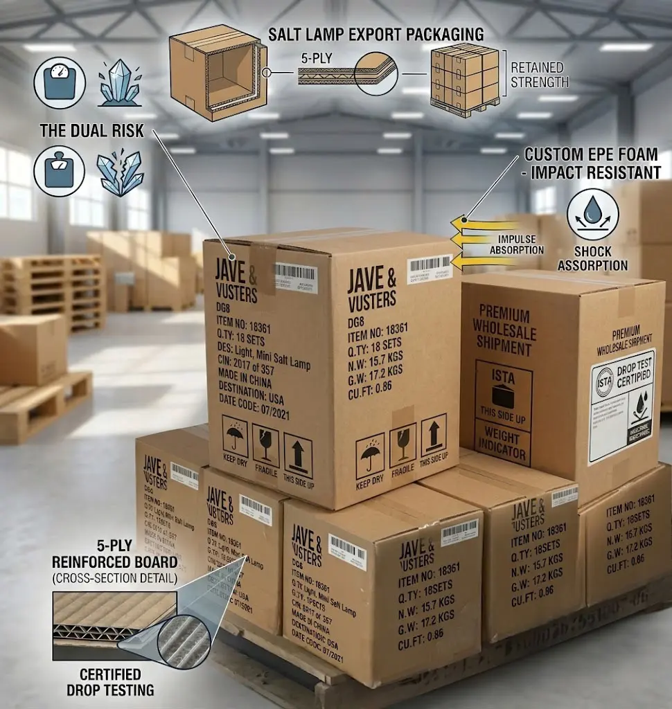 Professional export master cartons for Himalayan salt lamps featuring custom shipping marks, barcode stickers, and 5-ply reinforced structure, meeting international retail and logistics compliance standards.
