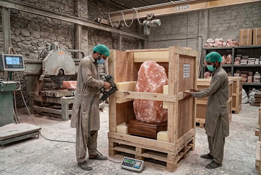 Pakistani factory workers building a custom export-grade wooden crate with internal bracing and a solid wood base for a 150kg Himalayan salt lamp to ensure safe global transit.