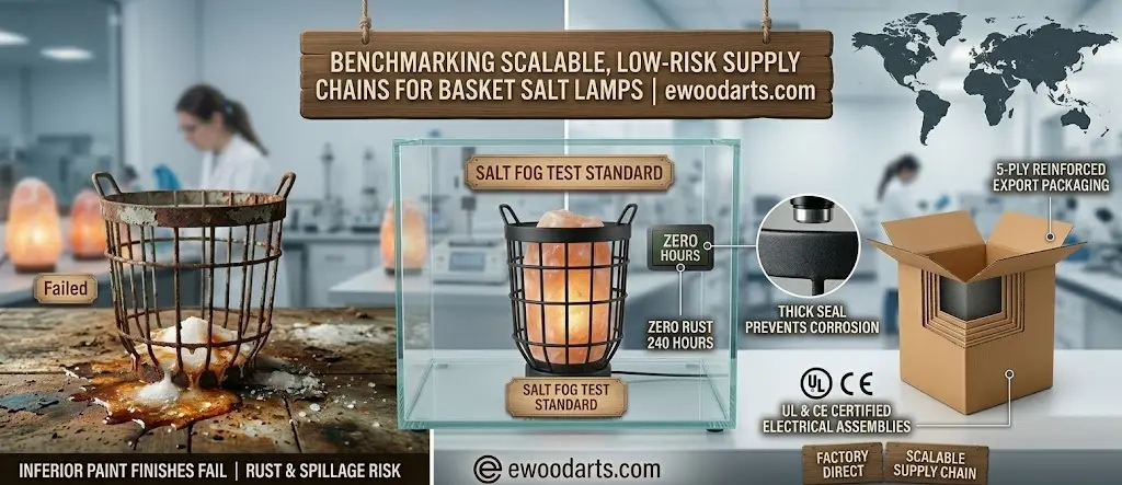 A professional B2B featured image illustrating durable basket salt lamp supplier evaluation: unified single-panel comparison from a rusted inferior basket with spillage (left) to a high-grade powder-coated glowing lamp with UL/CE certification (right), highlighting a thick seal close-up and 5-ply reinforced export packaging