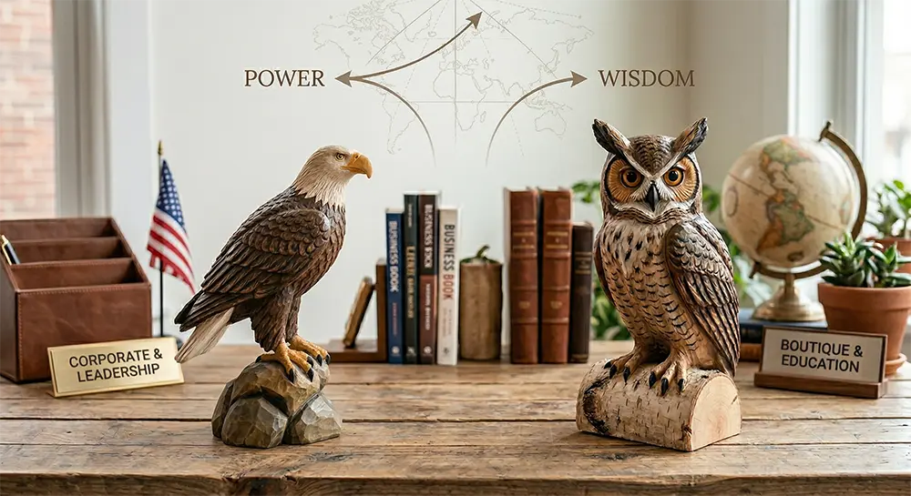 Comparison of eagle and owl wood carvings showcasing different retail niches like corporate gifts and educational boutiques.