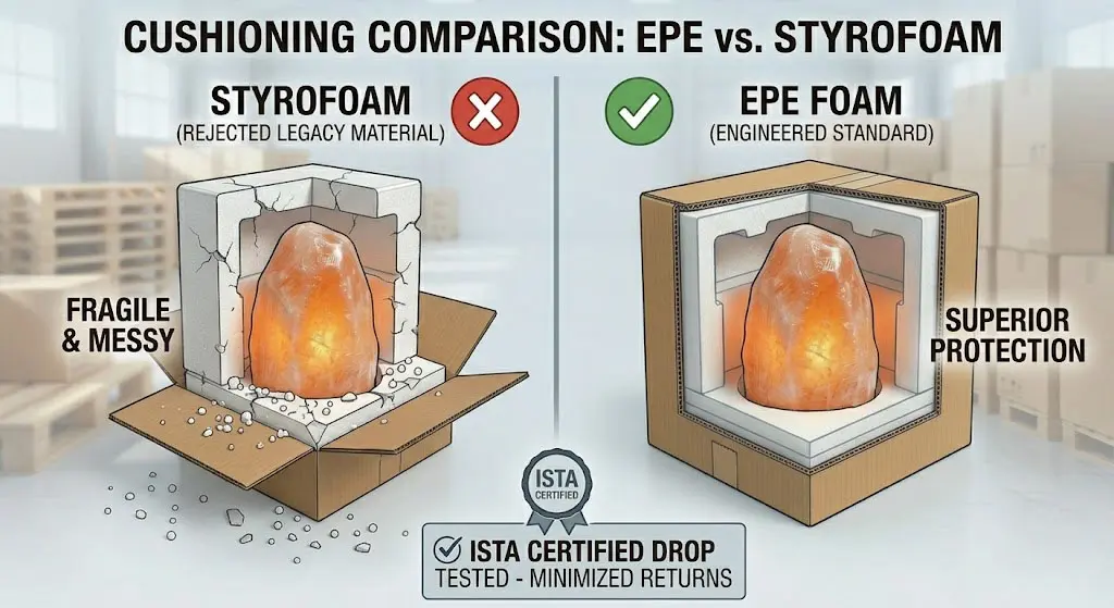 Comparison diagram showing the benefits of flexible EPE foam over brittle Styrofoam for salt lamp packaging, highlighting superior protection, no mess, and ISTA certified drop test performance.