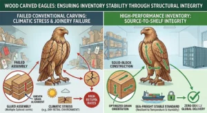 Comparison between failed spliced joint wood carvings and high-performance solid-block wood eagle carvings showing sea-freight stability.