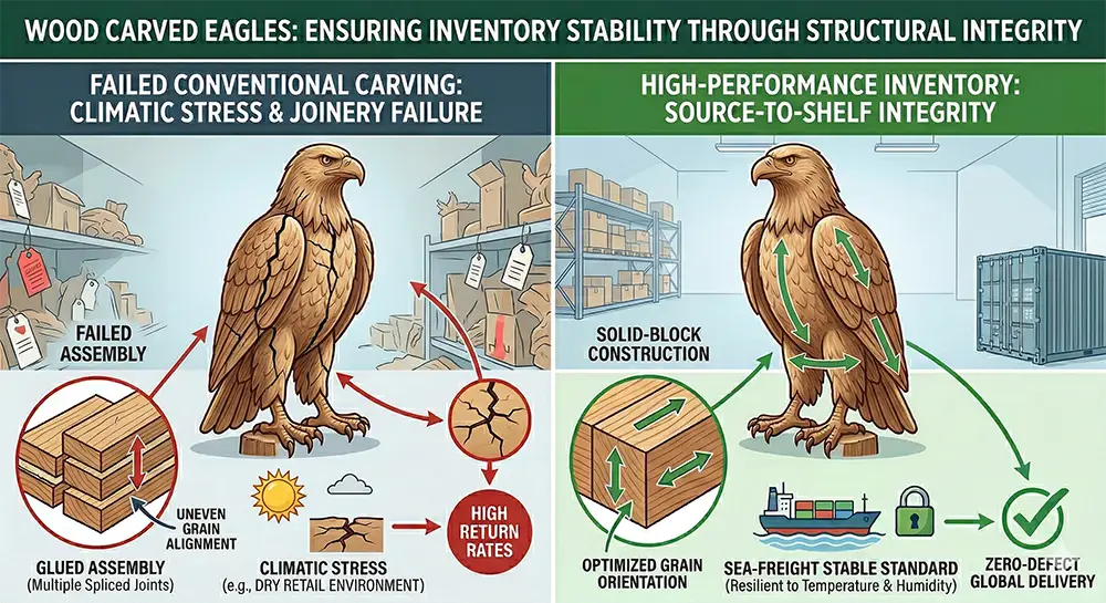 Comparison between failed spliced joint wood carvings and high-performance solid-block wood eagle carvings showing sea-freight stability.