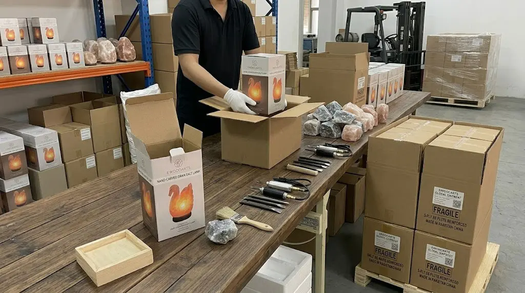 A professional artisan at ewoodarts workshop packing a hand-carved swan Himalayan salt lamp into a reinforced master carton. The scene shows individual retail boxes, professional wood carving tools, and secure 5-ply export packaging on a high-end wooden workbench.