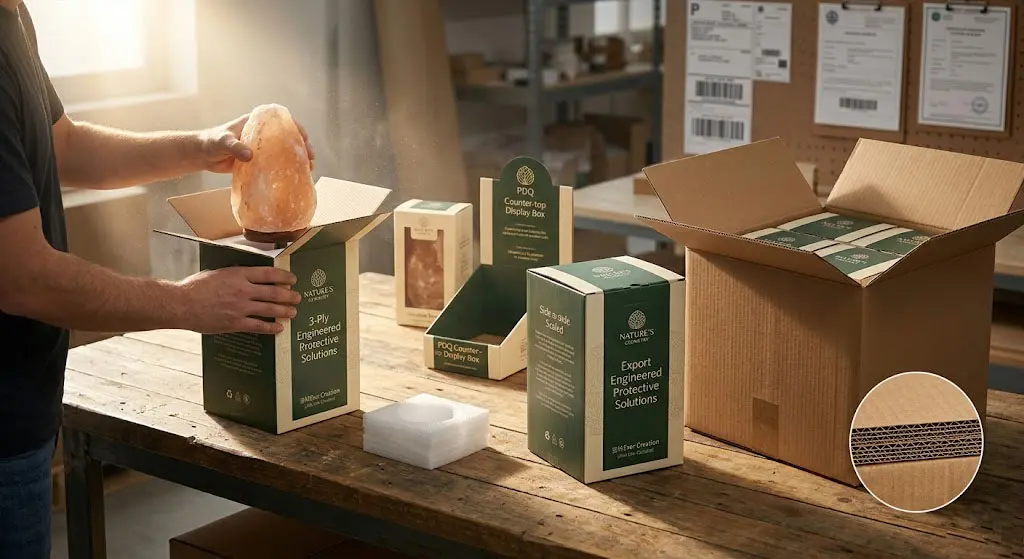 Professional export packaging for salt lamps featuring a 3-ply individual retail box with protective foam inserts and a heavy-duty 5-ply BC flute master carton, ensuring secure global shipping and shelf-ready presentation.