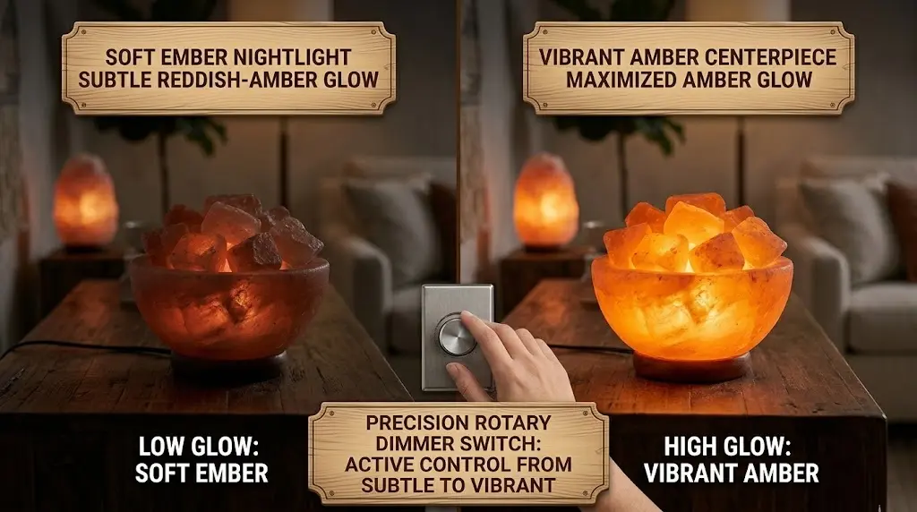 A side-by-side comparison of a fire bowl salt lamp showing the 'glowing coals' effect at different intensities: a soft reddish-amber nightlight (left) versus a vibrant amber centerpiece (right), controlled by a precision rotary dimmer switch.