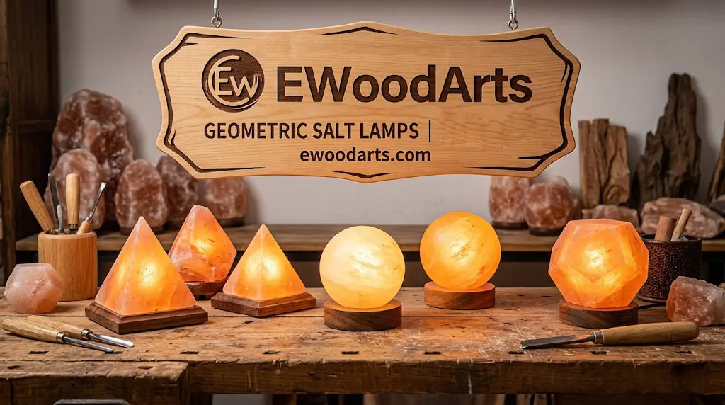 Professional geometric salt lamp collection featuring a polished sphere and a sharp-edged pyramid, illustrating the precision and geological uniqueness of ewoodarts products.