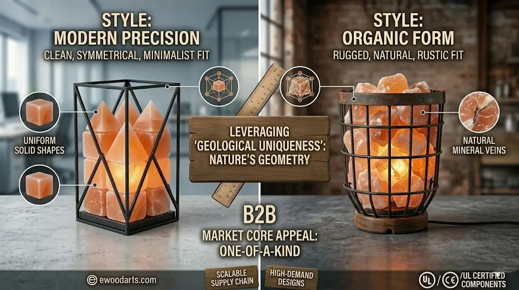Comparison of modern geometric cage salt lamps and traditional organic basket salt lamps for international wholesale distribution.