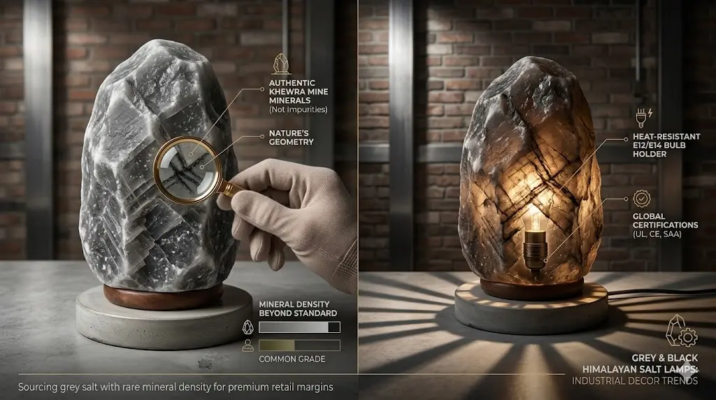 A professional quality control comparison chart for sourcing grey Himalayan salt lamps from the Khewra Mine, Pakistan. The image features a close-up of natural mineral patterns magnified under a loupe (labeled 'Authentic Minerals (Not Impurities)') and a lit lamp with UL, CE, and SAA certified components (labeled 'Heat-Resistant E12/E14 Bulb Holder'). This infographic is designed for wholesale buyers in the premium industrial decor segment.