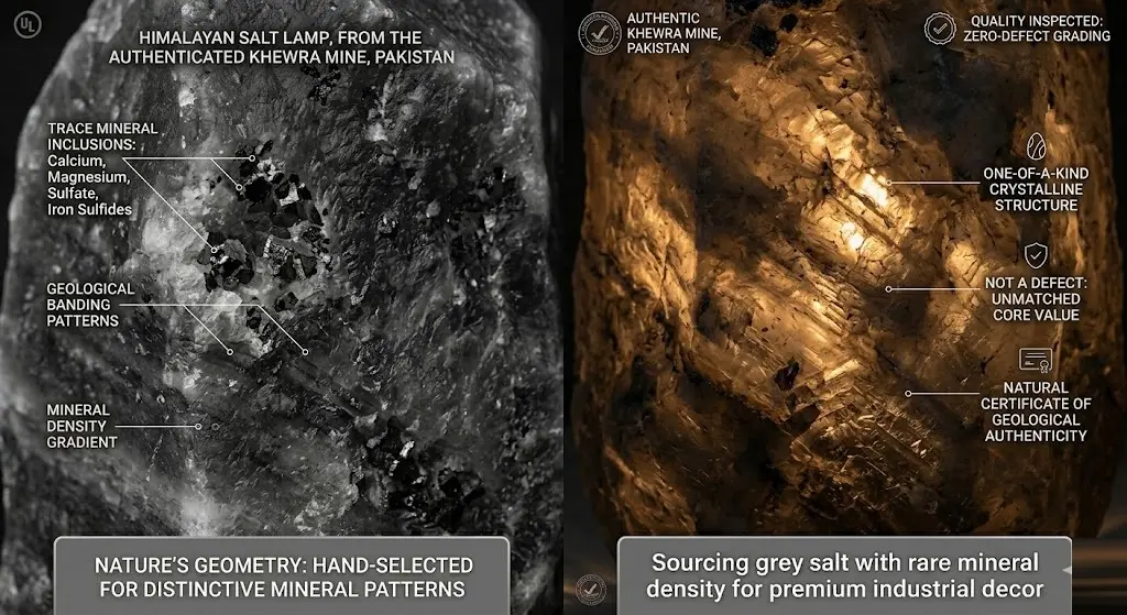A macro photography comparison of dark Himalayan salt crystal structure. Left: Close-up of raw grey salt showing natural mineral inclusions like magnesium and calcium. Right: The same crystal illuminated, revealing unique geological banding and 'Nature's Geometry'. Labeled as an 'Authentic Mineral Certificate' for B2B industrial decor sourcing.
