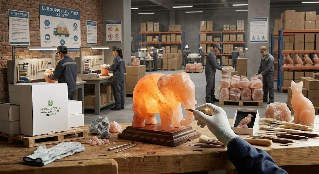 A professional artisanal workshop setting showing a handcrafted pink Himalayan salt elephant lamp on a tiered dark wood base. The background shows an organized, clean production area with craftsmen and export packaging boxes with foam inserts.