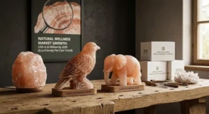Hand-carved Himalayan salt bird and elephant lamps with laser-engraved bases on an artisan workbench, featuring a market growth poster projecting USD 0.33 billion by 2035.