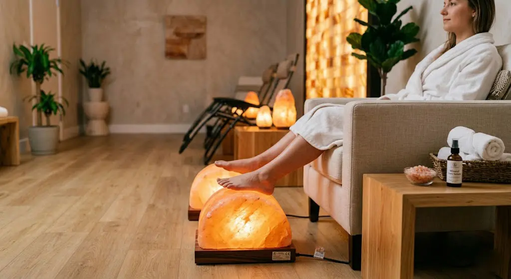Professional Himalayan salt foot detox dome with warm amber glow in a spa setting, featuring rosewood base and certified electrical components for safety.