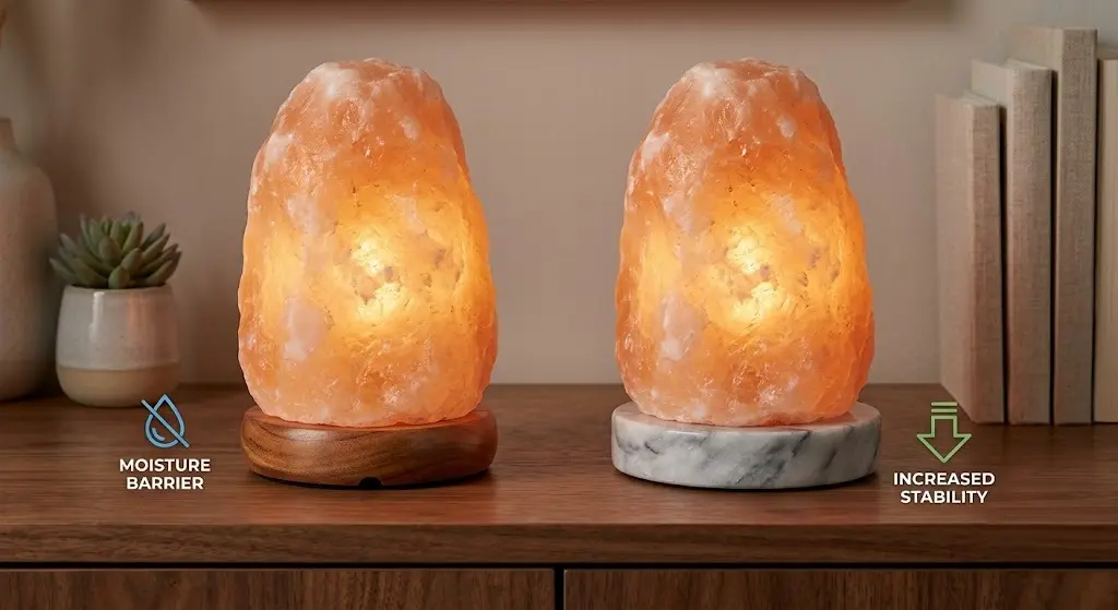 Side-by-side comparison of two Himalayan salt lamps, one with a natural rose wooden base and the other with a premium marble base, highlighting stability and furniture protection.