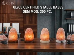 A minimalist featured image showcasing four high-quality Himalayan salt lamps with stable foundations: moisture-controlled Rosewood and Carrara Marble. Labeled with 'UL/CE Certified' and 'MOQ: 300 PC', targeted at wholesalers in the US and European markets. Features an integrated rotary dimmer.