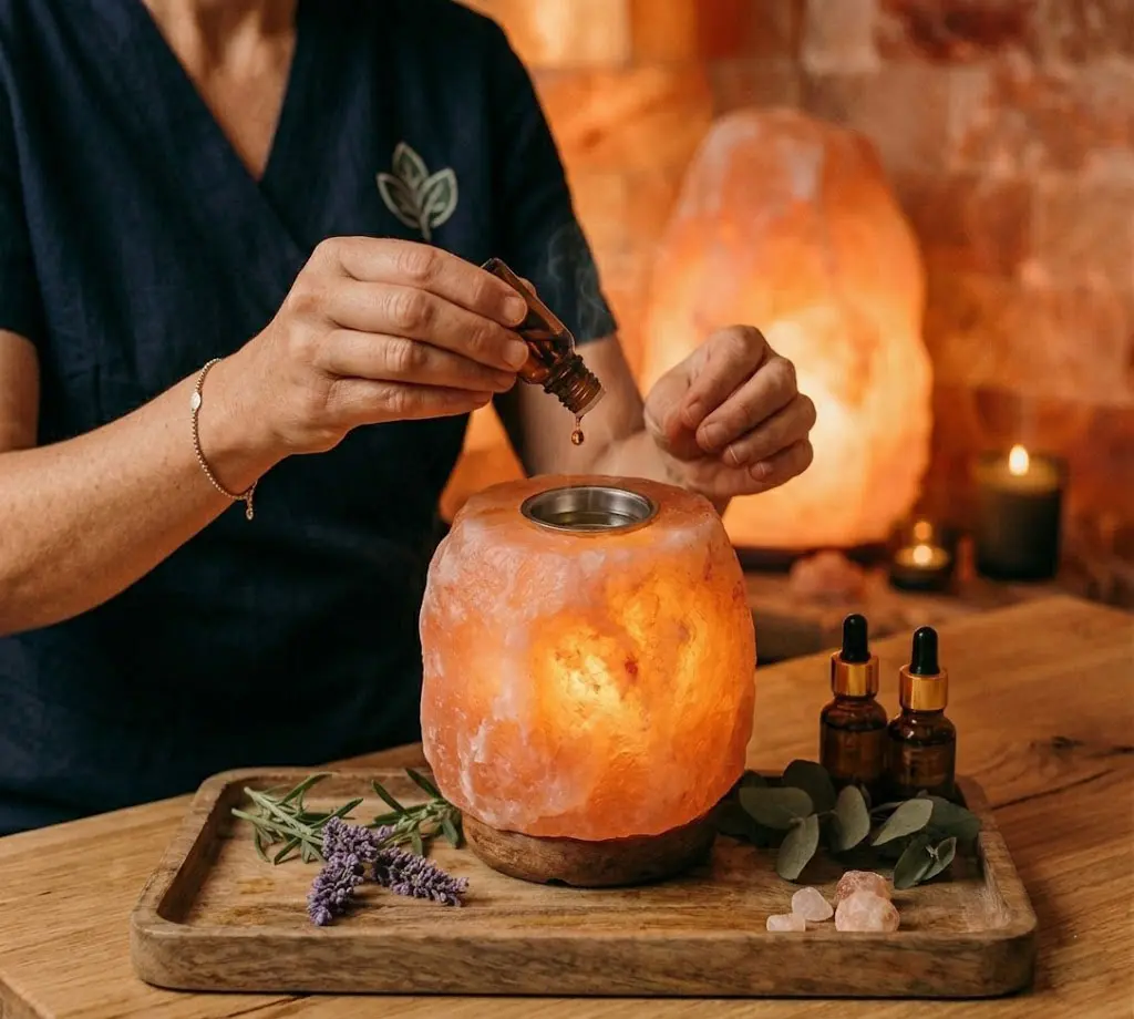 A therapist adding essential oils to a glowing salt lamp diffuser in a professional spa setting, surrounded by lavender and eucalyptus.