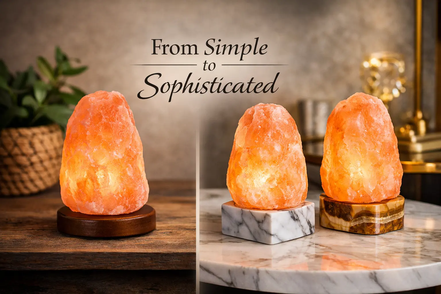A comparison of Himalayan salt lamps with wooden base and premium marble and onyx stone bases, highlighting luxury home decor appeal