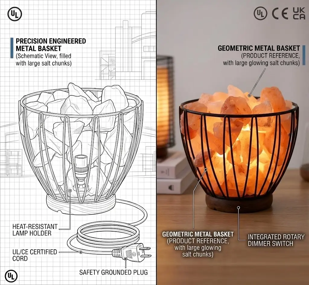 A side-by-side technical comparison of a geometric metal basket Himalayan salt lamp. Left: A precision engineering schematic showing the internal heat-resistant bulb holder and UL/CE certified electrical assembly. Right: A product reference photo of the lamp filled with glowing salt chunks on a stable wooden base with an integrated dimmer switch.
