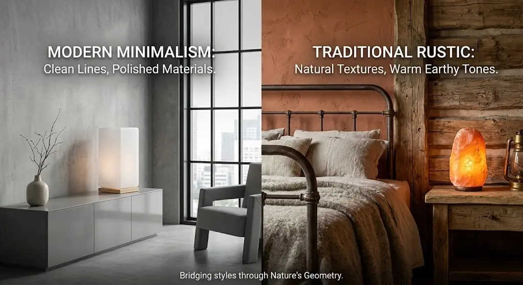 A split-screen comparison showing a white geometric salt lamp in a minimalist modern living room with gray concrete walls, and a natural orange salt lamp in a rustic log cabin bedroom with warm earthy tones.