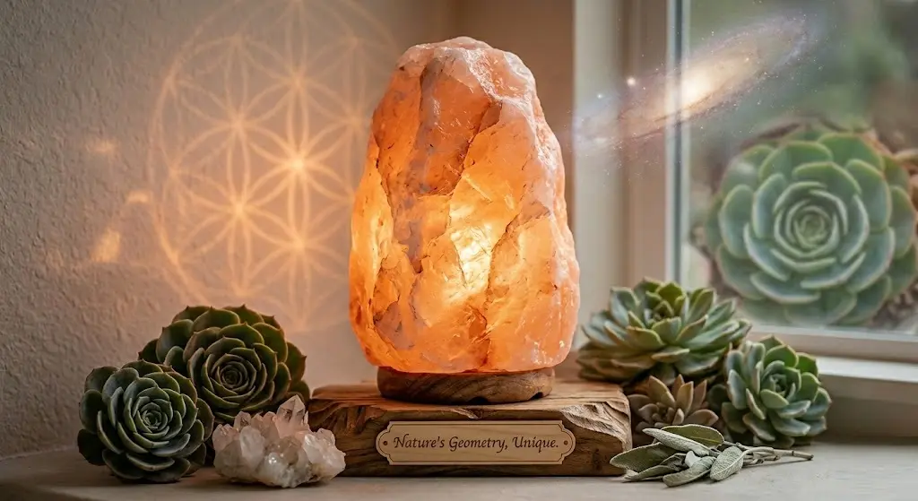 A glowing authentic Himalayan salt lamp on a wooden base engraved with "Nature's Geometry, Unique," featuring a Flower of Life sacred geometry pattern in the background and succulent plants.