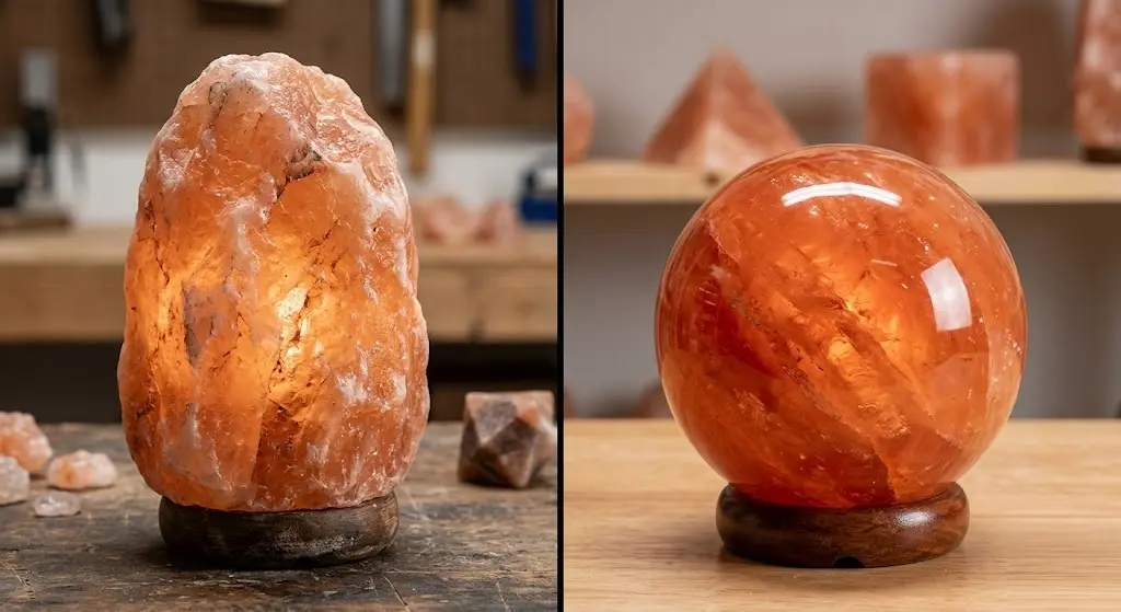 Comparison of unpolished and polished Himalayan salt lamps for wholesale, highlighting the aesthetic differences in Nature's Geometry.
