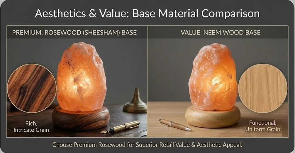 A side-by-side comparison of Himalayan salt lamps with circular wooden bases: Premium Rosewood on the left showing rich, intricate grain, and Neem Wood on the right with a functional, uniform grain.