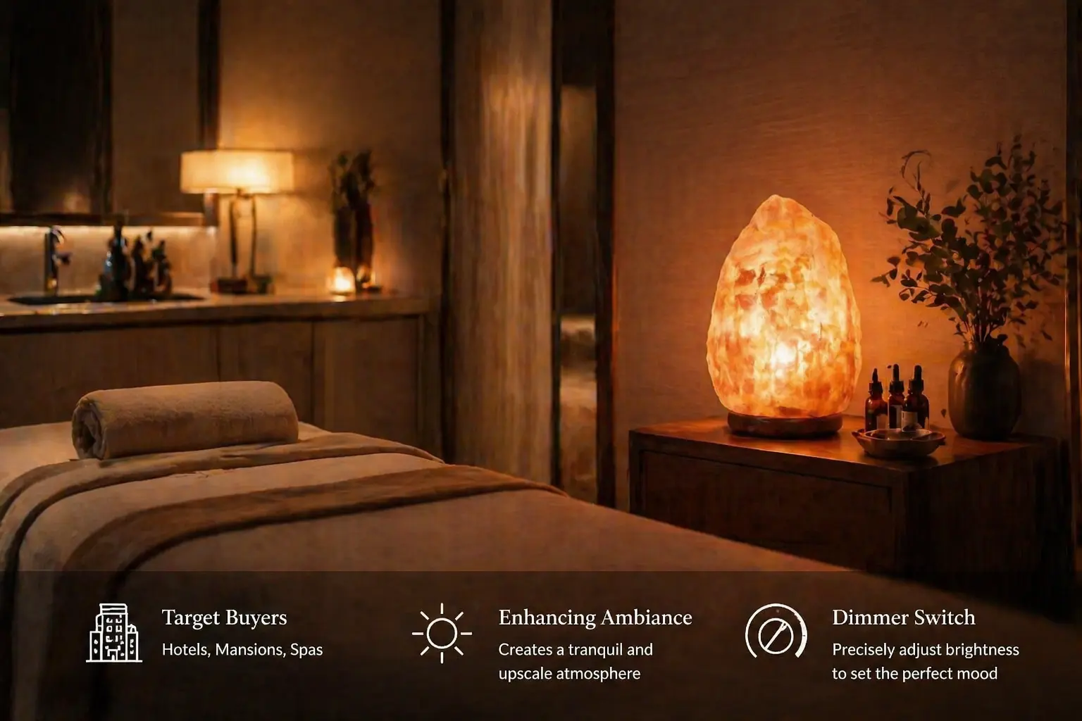 Himalayan salt lamp casting a warm amber glow in a luxurious spa treatment room, creating a tranquil and upscale atmosphere for hotels, mansions, or wellness spaces.