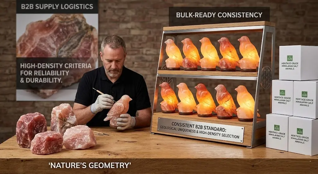 B2B wholesale display of hand-carved bird salt lamps showing consistent quality standards and natural variation for retail partners.