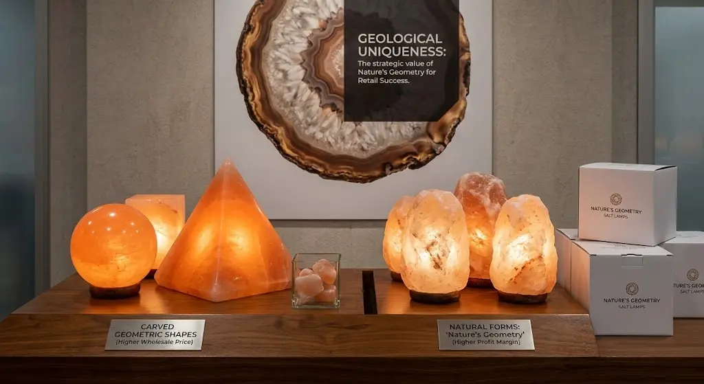 A B2B product display comparing wholesale pricing for Himalayan salt lamps, with carved geometric shapes (spheres, pyramids) representing 'Higher Wholesale Price' on one side and natural forms (2–3kg) representing 'Higher Profit Margin' on the other.