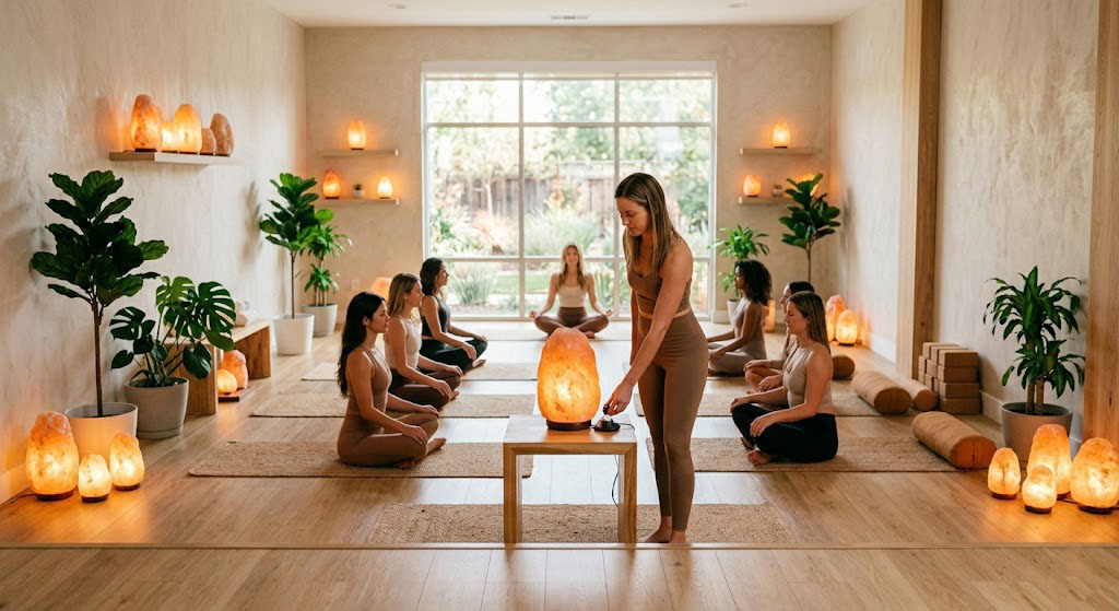 A collection of natural Himalayan salt lamps providing a warm amber glow in a modern yoga studio, enhancing the client experience and studio ambiance.