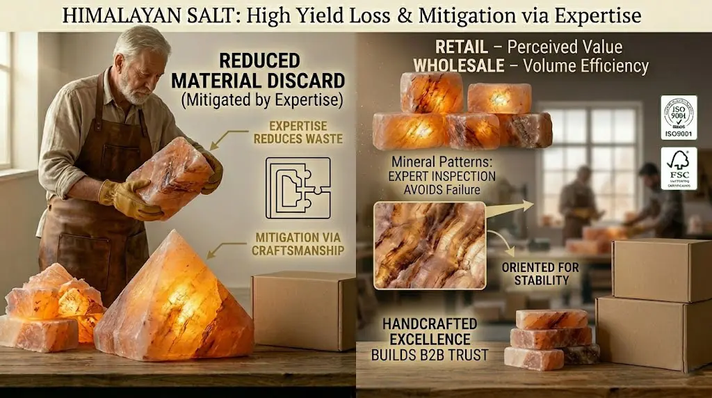 Visual comparison showing how expert artisan selection of high-density Himalayan salt crystals minimizes waste (yield loss) during the carving of precise geometric pyramids. Features raw salt texture and finished premium pyramid at GilEver Creation.