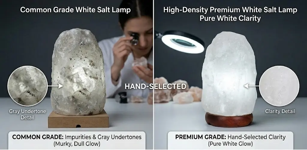 A side-by-side quality comparison of white Himalayan salt lamps: the left shows a common grade with gray undertones and mineral impurities, while the right features an Ewoodarts premium hand-selected crystal with pure white clarity and consistent glow.