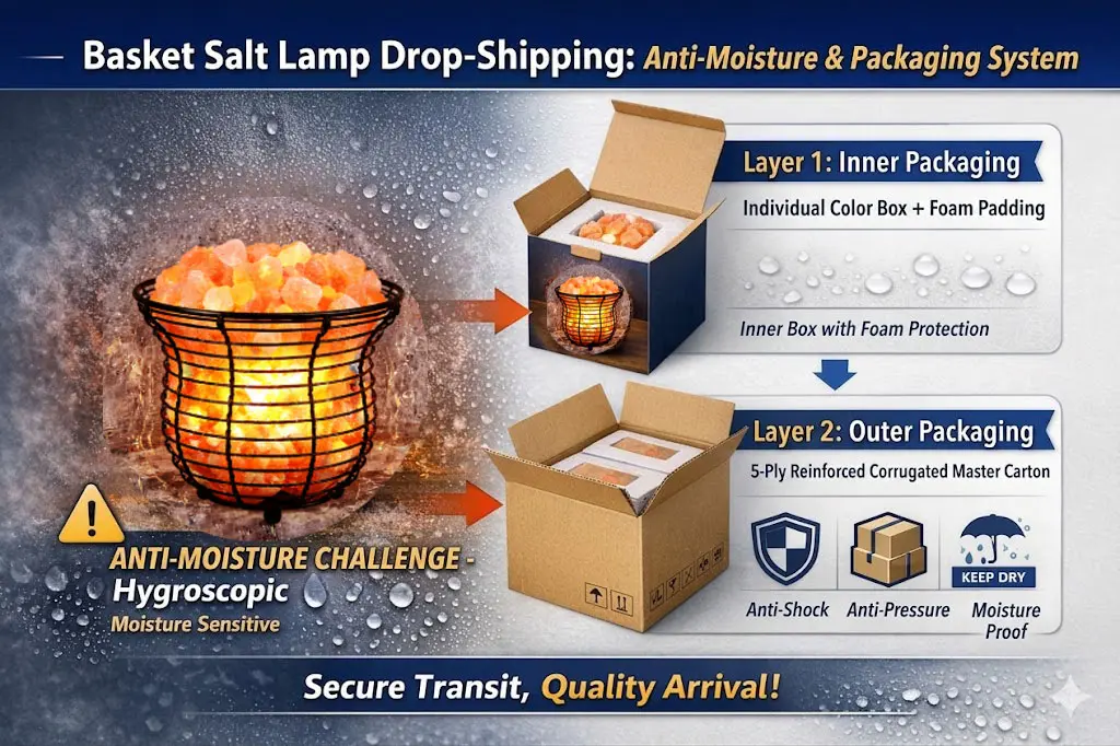 A comprehensive infographic for Hourglass Basket Salt Lamp drop-shipping, featuring an anti-moisture and 2-layer packaging system. The image shows a technical cross-section with a certified E12 bulb holder, secure anchor points, and uniform salt chunks. It highlights Layer 1 individual color box with foam protection and Layer 2 5-ply reinforced master carton, with UL, CE, and UKCA certification marks.