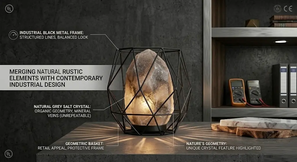 A high-contrast lifestyle image featuring a raw grey Himalayan salt crystal housed in a geometric black metal basket. The industrial frame highlights the crystal's organic mineral veins and "Nature's Geometry," creating a balanced look for contemporary interior design. Labeled with marketing features like 'Retail Appeal' and 'Protective Frame