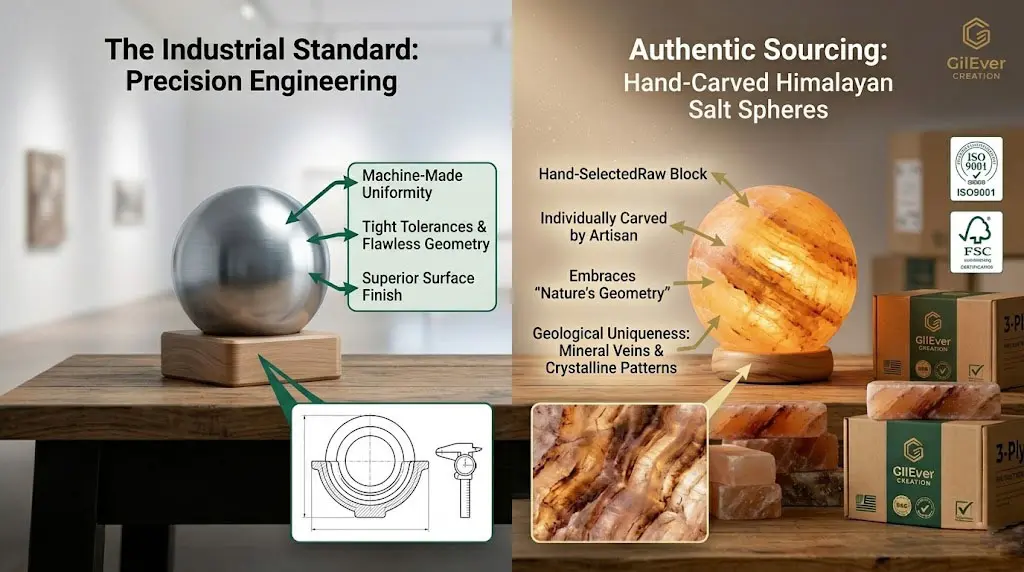 A professional side-by-side comparison of a machine-made industrial steel sphere versus an authentic hand-carved Himalayan salt sphere. The image highlights geological uniqueness, mineral veins, and GilEver Creation's artisan sourcing standards.