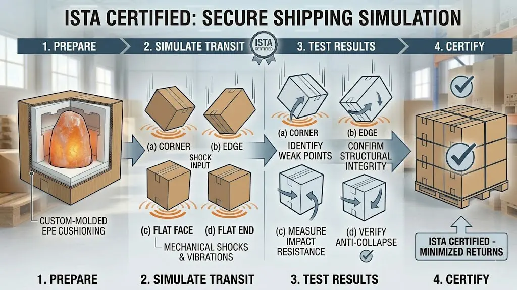 A 4-step process diagram showing ISTA certified drop testing for salt lamp packaging: from custom EPE cushioning preparation to simulated transit shocks and final certification to minimize returns.