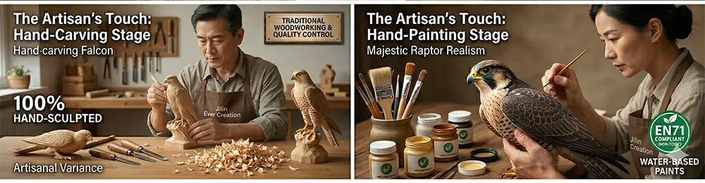 Master artisans at Jilin Ever Creation hand-carving and painting wooden birds using ethically sourced Basswood.