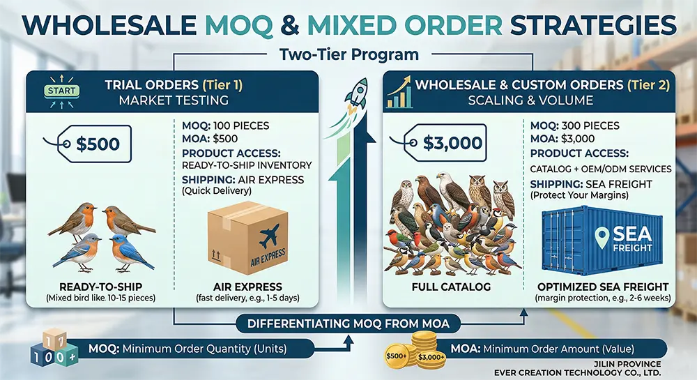 Jilin Ever Creation's wholesale MOQ and MOA strategy, showing trial order and bulk wholesale order options for hand-carved wooden birds.