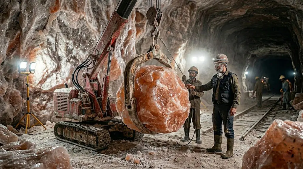 Industrial crane extracting a massive 150kg Himalayan salt boulder from the Khewra Mine in Pakistan for luxury statement lamps.