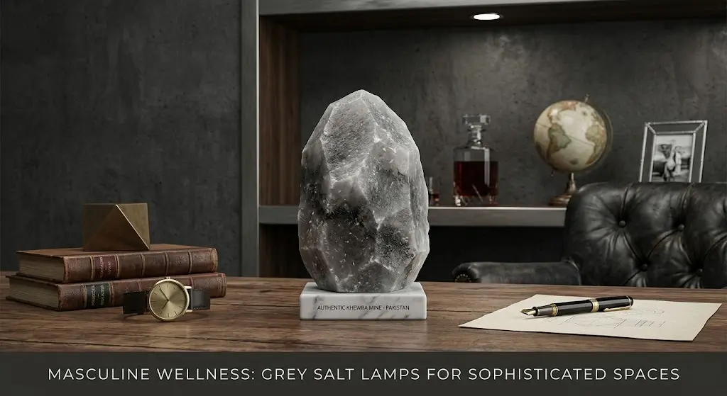 A premium grey Himalayan salt lamp with a white marble base on a dark executive wooden desk. The setting is a sophisticated masculine study with a leather chair, concrete walls, and luxury office accessories. A close-up shows the warm amber glow and a man's hand adjusting the brass dimmer switch, ideal for industrial-style home offices.