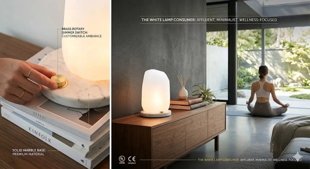 Showcasing the target demographic for white salt lamps: affluent, minimalist, and wellness-focused consumers. Features a high-end white salt lamp with a solid marble base and precision brightness control for contemporary interior design.