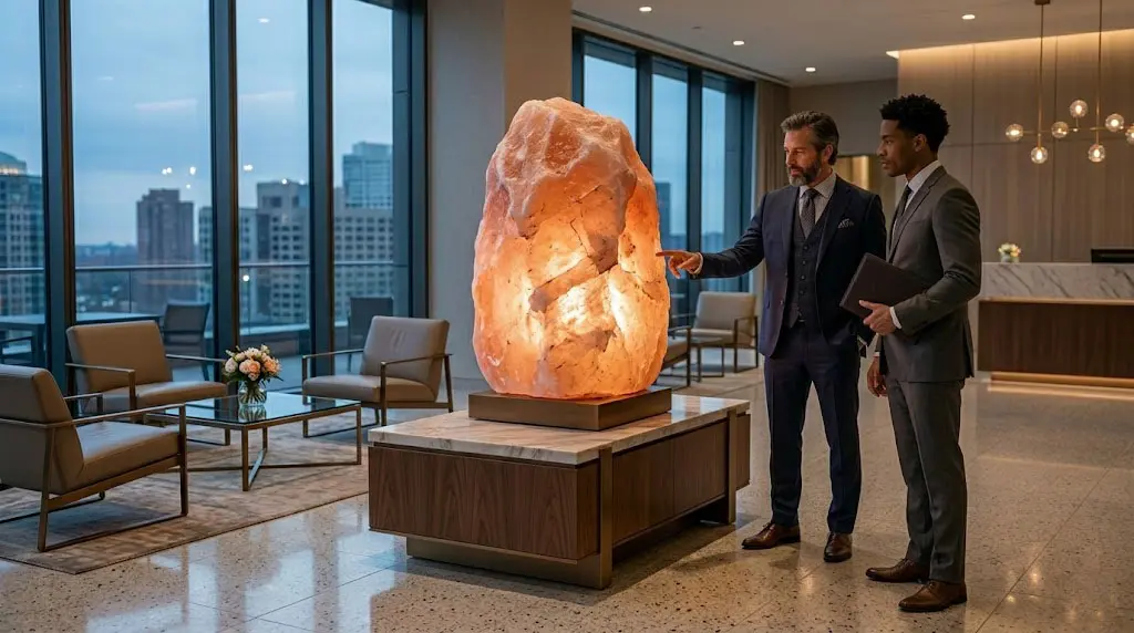 A 150kg giant statement salt lamp from Ewood Arts displayed as a central design element in a luxury hotel lobby.
