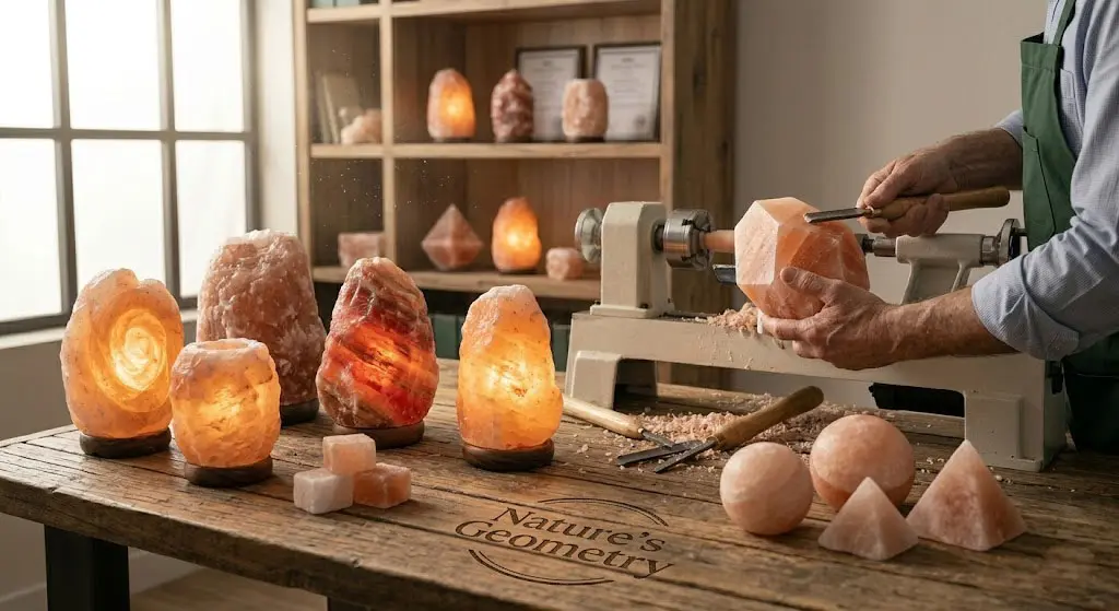 An artisan craftsman carefully shaping a geometric Himalayan salt block on a lathe, surrounded by finished spheres, pyramids, and rose-shaped lamps, showcasing the 'Nature's Geometry' handcrafted process.