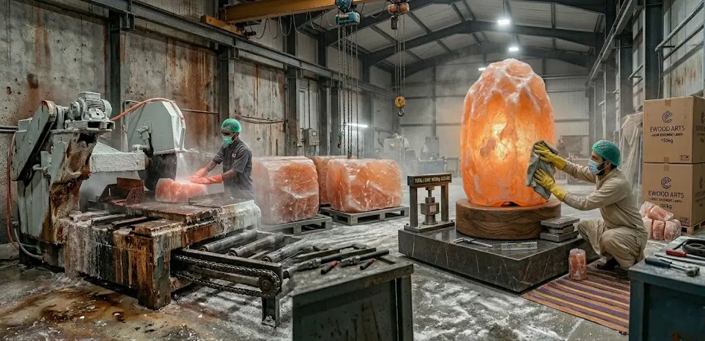 A professional craftsman in Pakistan polishing a 150kg huge salt lamp boulder, demonstrating the balance and engineering stability at Ewood Arts factory.