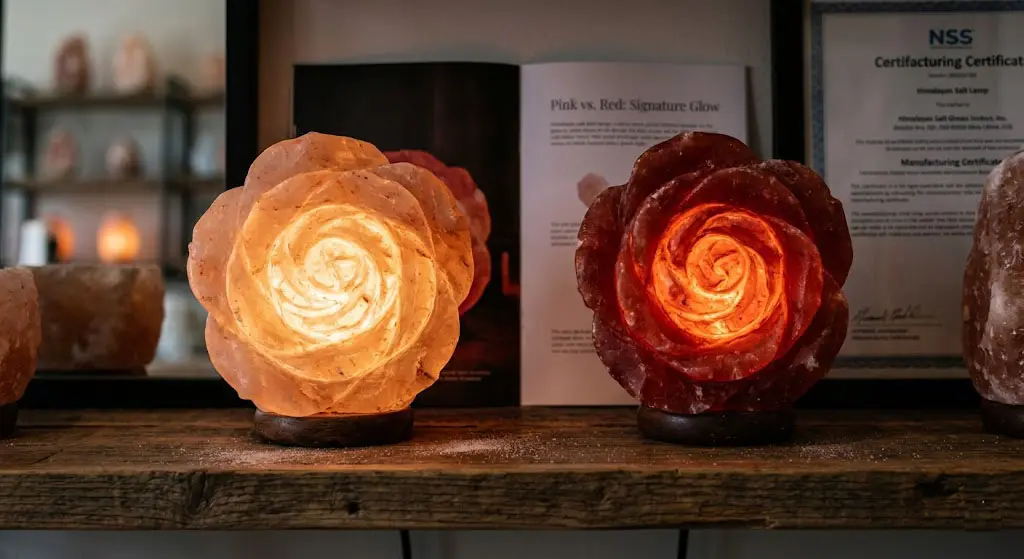 A side-by-side visual comparison of a pink Himalayan salt rose lamp and a deep red salt lamp, showcasing the signature amber glow and natural mineral variations of authentic salt from the Khewra Mine.