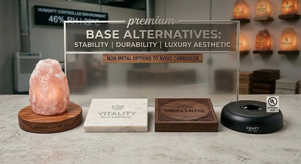 A comparison of non-metal salt lamp base materials, including rosewood, premium marble, and UL-approved plastic, designed to prevent corrosion from salt moisture.