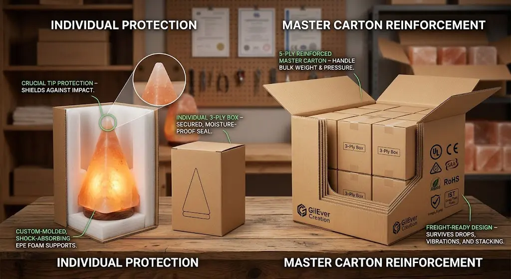 A multi-stage packaging system for Himalayan salt lamps, showing individual 3-ply boxes with custom-molded EPE foam to protect the pyramid tip, and a reinforced 5-ply master carton with UL, CE, and SAA marks for global freight.