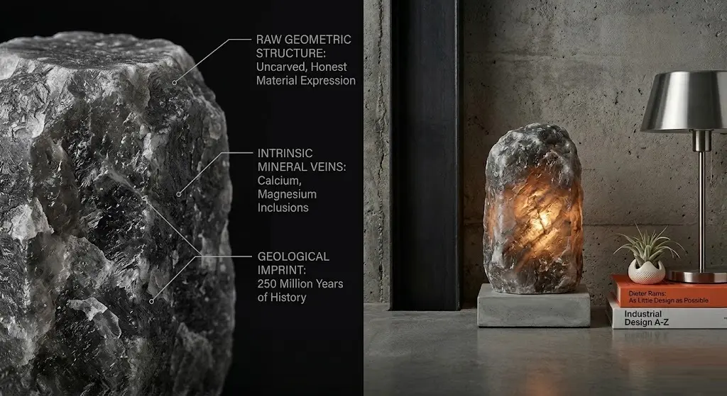A minimalist industrial interior setting featuring a raw grey Himalayan salt lamp on a concrete base. The image shows a side-by-side view of the unlit mineral texture and the warm amber glow when lit, placed next to industrial design books on a modern side table with a concrete wall background.
