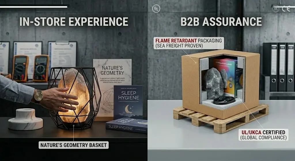 A side-by-side comparison showing a retail in-store experience with a dimmable grey salt lamp in a geometric basket, and a professional export packaging setup. The right side features a cutaway view of a 5-ply reinforced master carton with foam supports and UL/UKCA certified components on a shipping pallet.