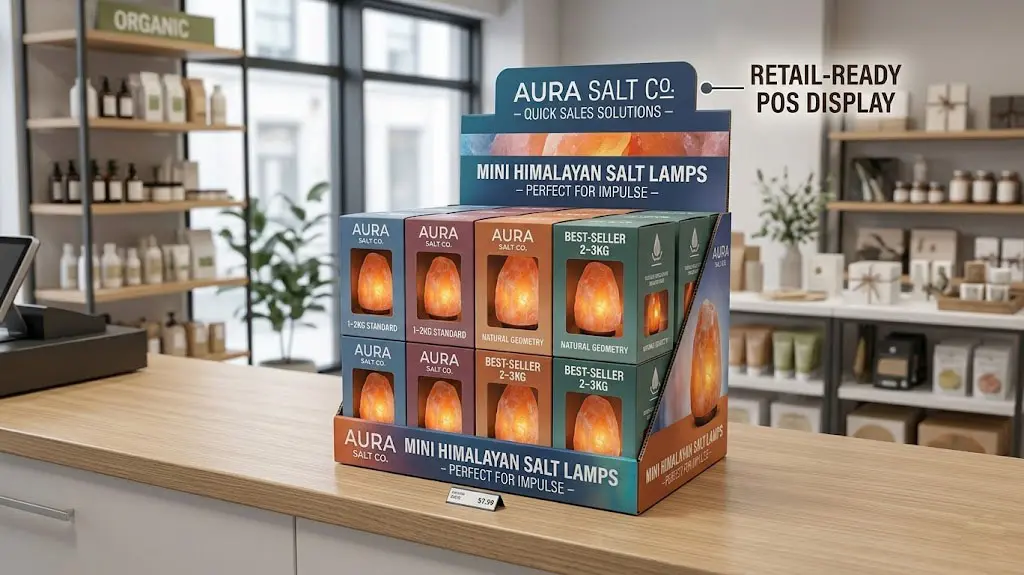 A professional PDQ retail display box sitting on a store checkout counter, showcasing 1-2kg and 2-3kg Himalayan salt lamps in custom-designed color boxes, ready for immediate shelf placement and impulse sales.